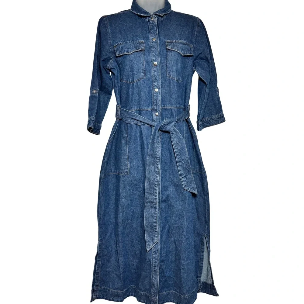 Friends Like These Denim Belted Midi Shirtdress Medium Wash Sz 6 Utility Rodeo - Picture 2 of 10